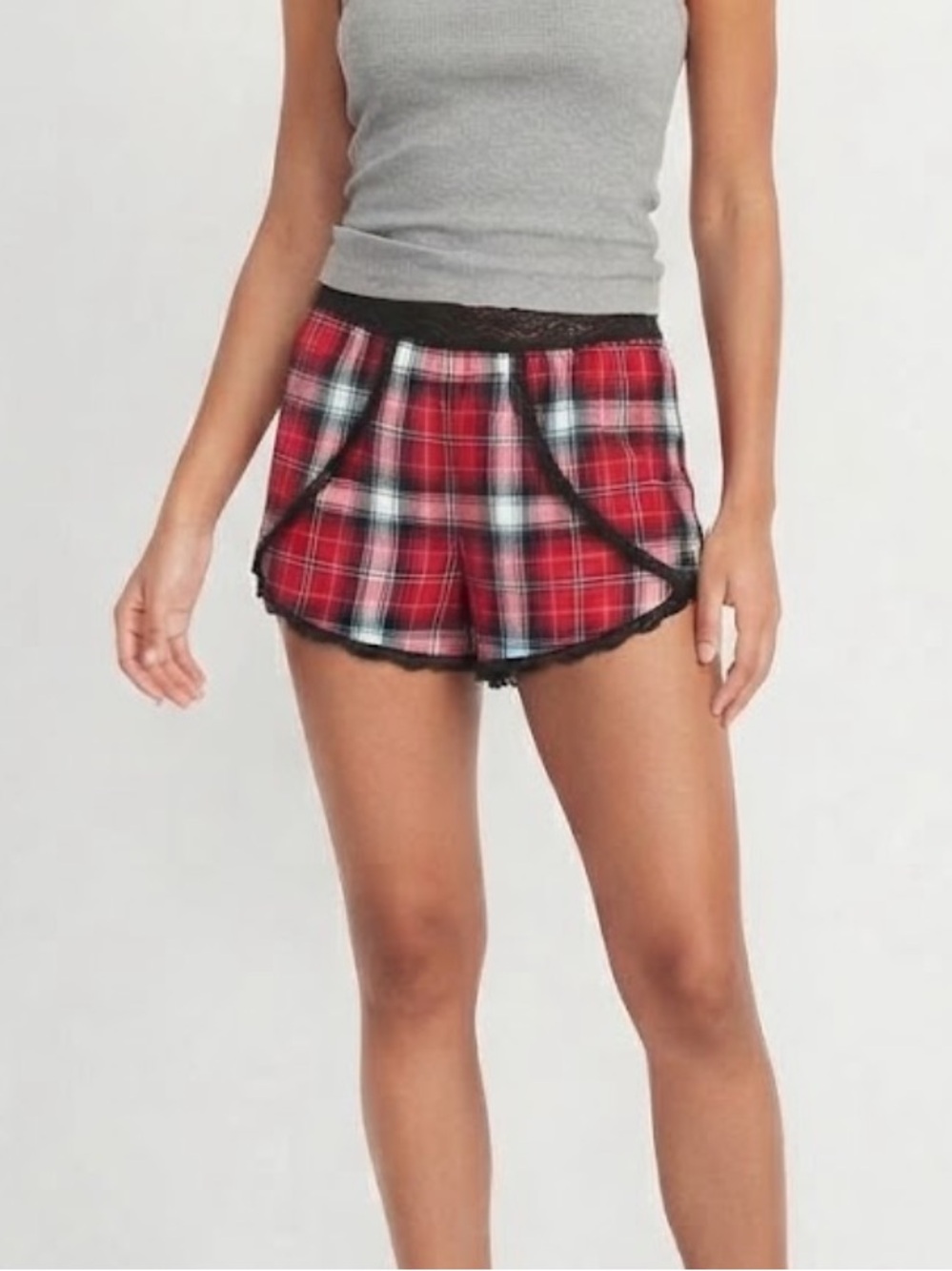 Victoria's Secret Women’s Red Plaid Sleep Shorts with Black Lace Trim Size Large